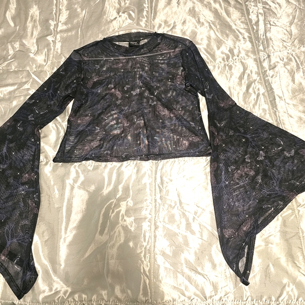Thorn & Fable Bell Sleeved Sheer Crop Top